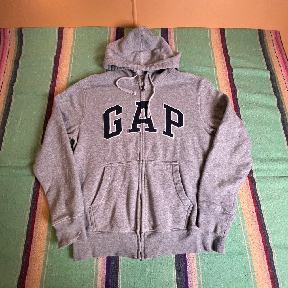 Gap Logo Zip Up Hoodie Mens Small Gray Fleece Arch Applique Sweatshirt